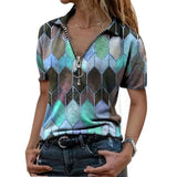 Slim V-neck blouse printed zipper t-shirt