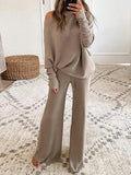 Pure color round neck long sleeve casual two-piece suit