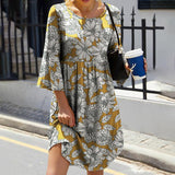 Round Neck Printed Three-Quarter Sleeve Dress