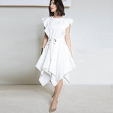 Temperament Square Collar Lotus Leaf Sleeve Dress Irregular Belt Skirt