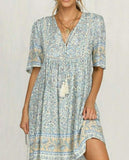 Printed V-neck Large Hem Loose Dress