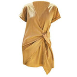 Summer Solid Color V-Neck Belt Short Sleeve Dress