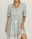 Printed V-neck Large Hem Loose Dress