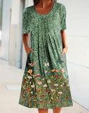 Women's Green V-neck Sleeveless Graphic Floral Printed Midi Dress