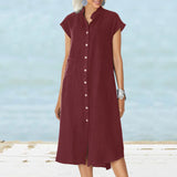 Solid Color Elegant Single-Breasted Cotton Linen Dress