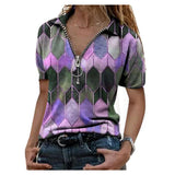 Slim V-neck blouse printed zipper t-shirt