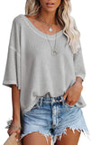 V-Neck Doll Sleeves Waffle Knit Loose Solid Short Sleeves