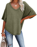 V-Neck Doll Sleeves Waffle Knit Loose Solid Short Sleeves