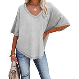 V-Neck Doll Sleeves Waffle Knit Loose Solid Short Sleeves