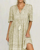 Printed V-neck Large Hem Loose Dress