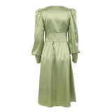 Satin Dress Women's Design Sense Lantern Sleeve Waist Slim Slim Dress