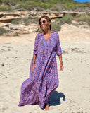 Purple V-neck Printed Short Sleeve Dress