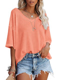 V-Neck Doll Sleeves Waffle Knit Loose Solid Short Sleeves