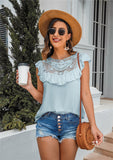 Ruffled Crew-neck Lace-paneled Top