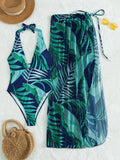 Tropical Print One Piece Swimsuit With Cover Up Skirt