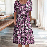 Purple Print Round Neck Midi Dress