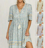 Printed V-neck Large Hem Loose Dress