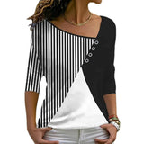 Shawl Collar Geometric Casual Loose Color Block Tops