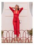 Red V-neck H-line Midi Dress