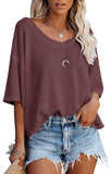 V-Neck Doll Sleeves Waffle Knit Loose Solid Short Sleeves