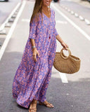 Purple V-neck Printed Short Sleeve Dress