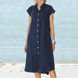 Solid Color Elegant Single-Breasted Cotton Linen Dress