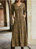 Print V-Neck Pocket Long Sleeve Dress Women's Long Dress