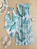 Tropical Print One Piece Swimsuit With Cover Up Skirt