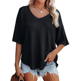 V-Neck Doll Sleeves Waffle Knit Loose Solid Short Sleeves