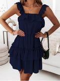 Solid Color Sling Panel Double Layer Ruffle Dress