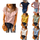 Ruffled Crew-neck Lace-paneled Top