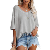 V-Neck Doll Sleeves Waffle Knit Loose Solid Short Sleeves