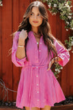 Rosy Button Up No Collar Tie Waist Mini Shirt Dress for Women