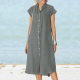 Solid Color Elegant Single-Breasted Cotton Linen Dress