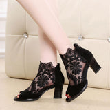 women's mesh high heels chunky lace sandals