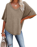 V-Neck Doll Sleeves Waffle Knit Loose Solid Short Sleeves