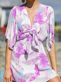 Printed Bow V-neck Seaside Holiday Dress