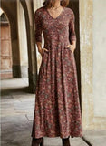 Print V-Neck Pocket Long Sleeve Dress Women's Long Dress