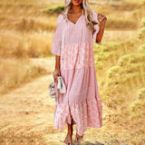 Pink Print V-Neck 3/4 Sleeve Maxi Dress