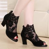 women's mesh high heels chunky lace sandals