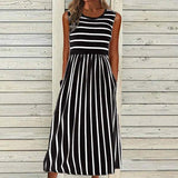 Sleeveless Black and White Stripe Side Pocket Midi Dress