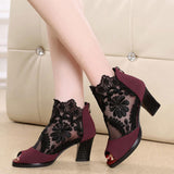 women's mesh high heels chunky lace sandals