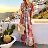 Vintage V Neckline Half Sleeve Empire Waist Print Boho Maxi Dress