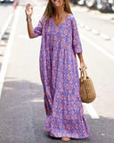 Purple V-neck Printed Short Sleeve Dress