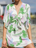 Printed Bow V-neck Seaside Holiday Dress