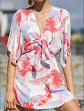 Printed Bow V-neck Seaside Holiday Dress