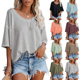 V-Neck Doll Sleeves Waffle Knit Loose Solid Short Sleeves