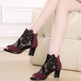 women's mesh high heels chunky lace sandals