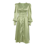 Satin Dress Women's Design Sense Lantern Sleeve Waist Slim Slim Dress