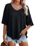 V-Neck Doll Sleeves Waffle Knit Loose Solid Short Sleeves